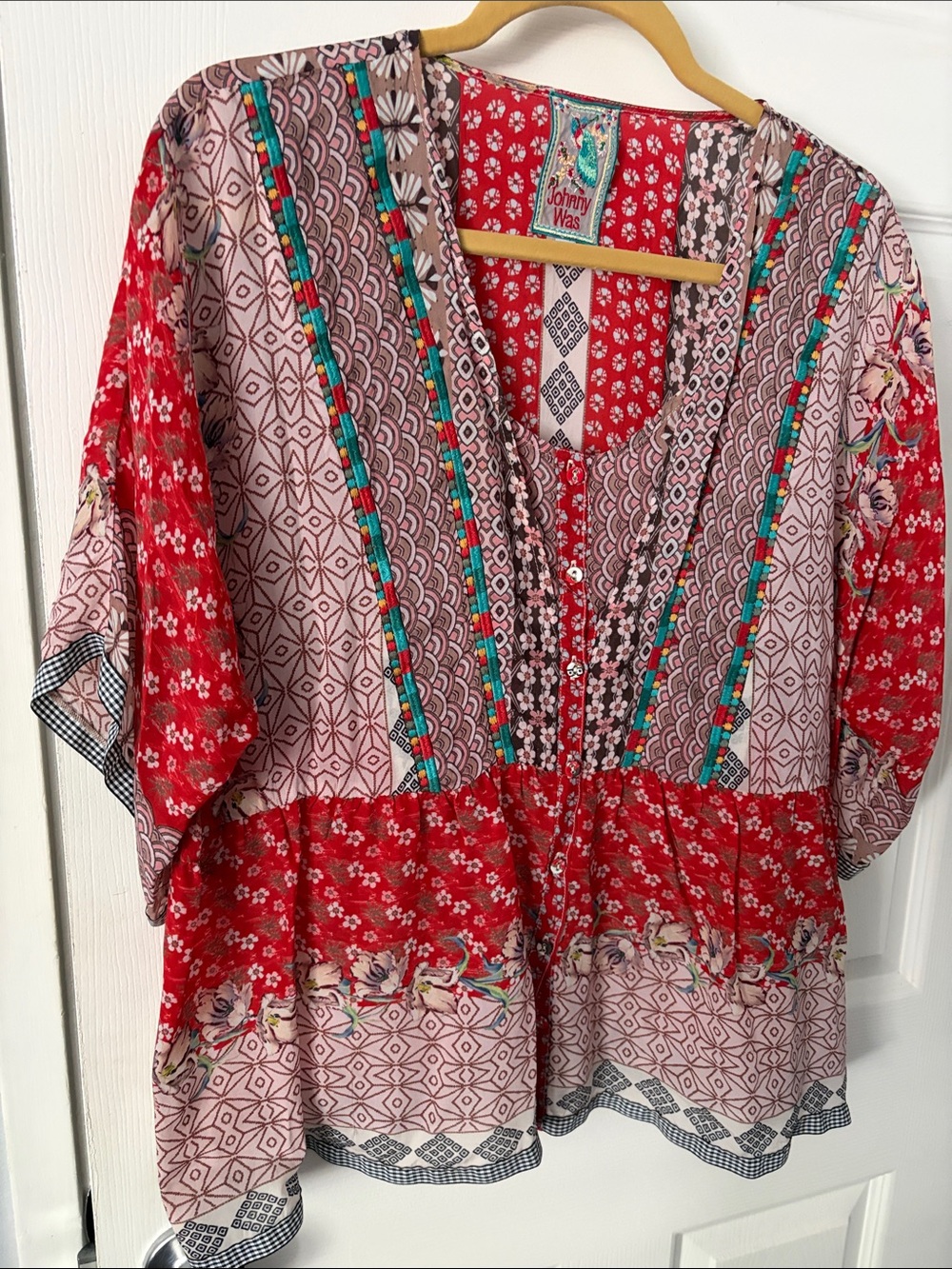 Johnny Was Red & Pink Mixed-Print Peasant Blouse